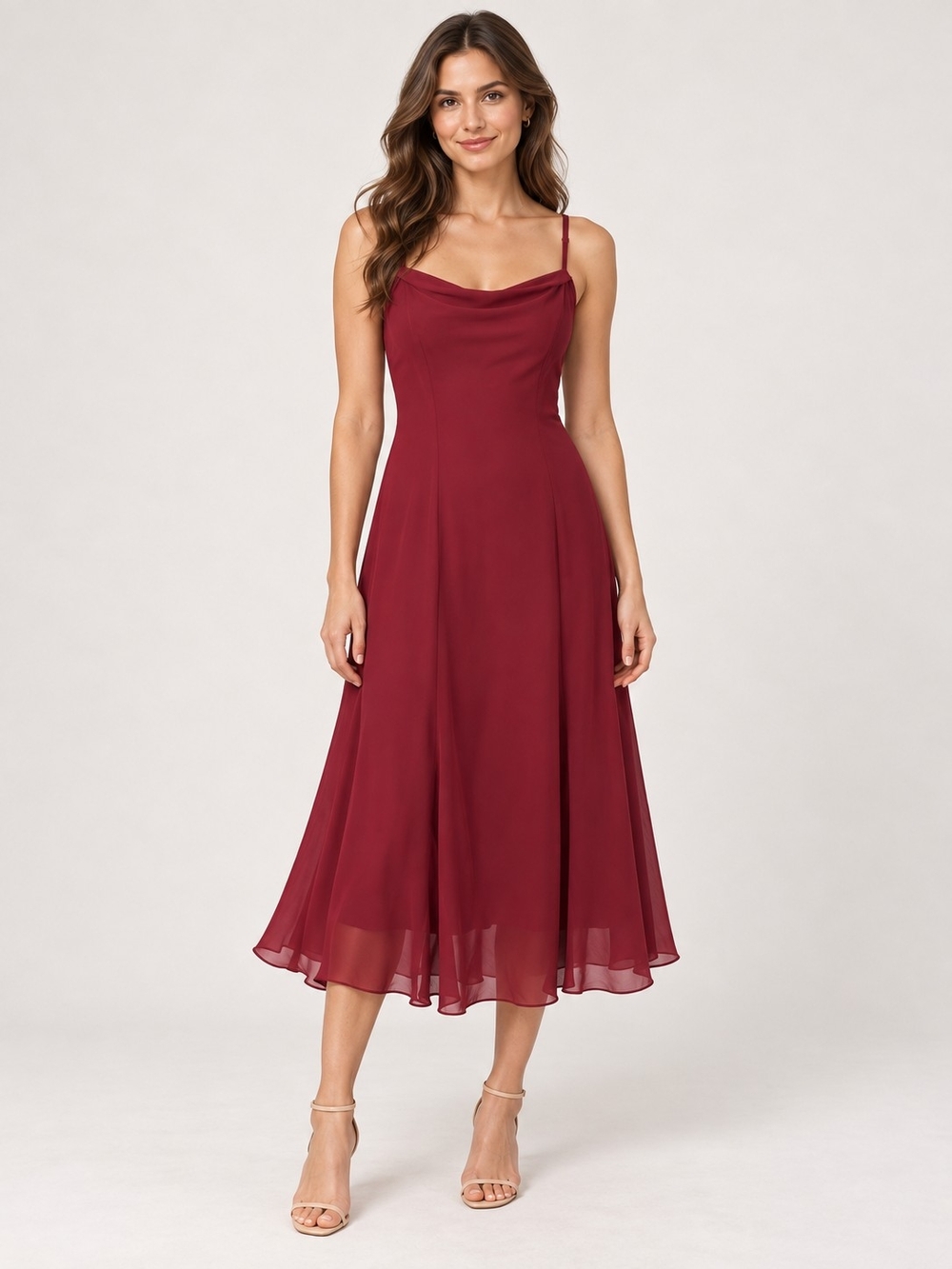 RIHOAS Wine Red Slip Midi Dress with Cowl Neck